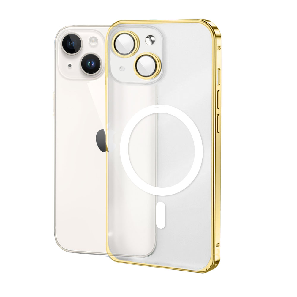 Etui do iPhone 14 Magsafe Metalic Gold Frame Oryginal matowe, złota ramka, ochrona aparatu
