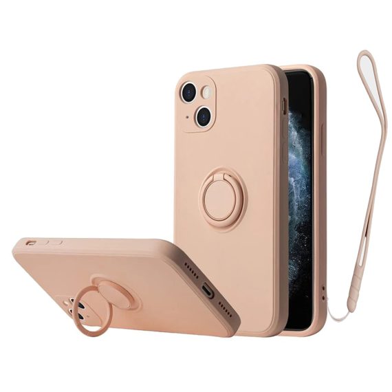 Etui do iPhone 13 Magnetic Ring matowe nie widać śladów, uchwyt magnetyczny 360° ze smyczą pudrowy róż