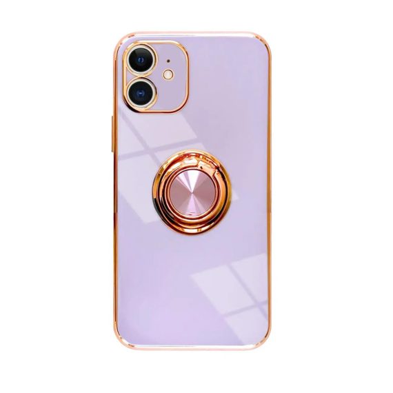 Etui do iPhone 12 eleganckie, ze złotym, metalowych uchwytem i zdobieniami, fioletowe liliowe