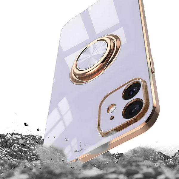 etui do iphone 12 eleganckie, ze złotym, metalowym uchwytem i zdobieniami, z osłoną na aparat, fioletowe liliowe