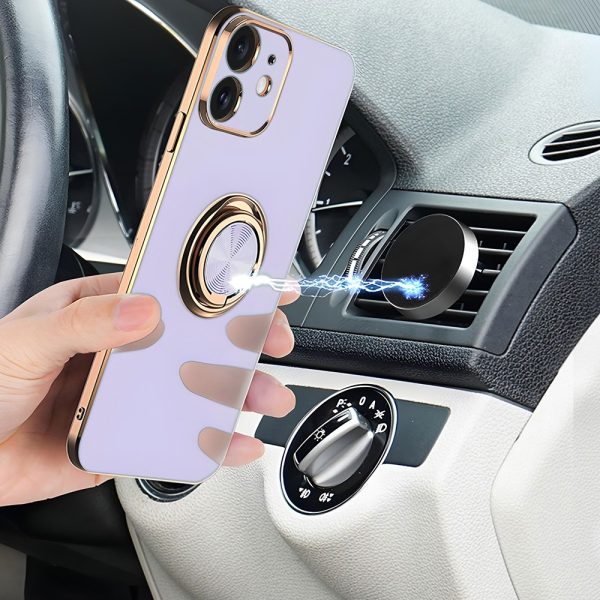 etui do iphone 12 eleganckie, ze złotym, metalowym uchwytem i zdobieniami, z osłoną na aparat, fioletowe liliowe