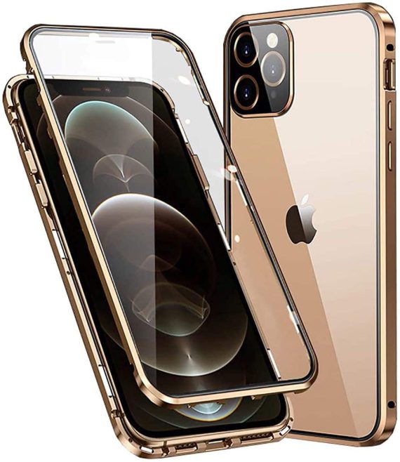 Obudowa pancerne szkło hartowane 360° przód + tył magnetyczna do iPhone 13 Pro Max złota