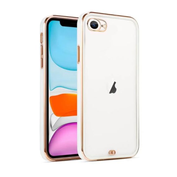 Etui do iPhone SE2022/SE2020/8/7 Fashion Gold przeźroczysty tył, pozłacane elementy, osłona na aparat, biała ramka