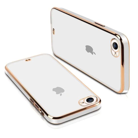 Etui do iPhone SE2022/SE2020/8/7 Fashion Gold przeźroczysty tył, pozłacane elementy, osłona na aparat, biała ramka