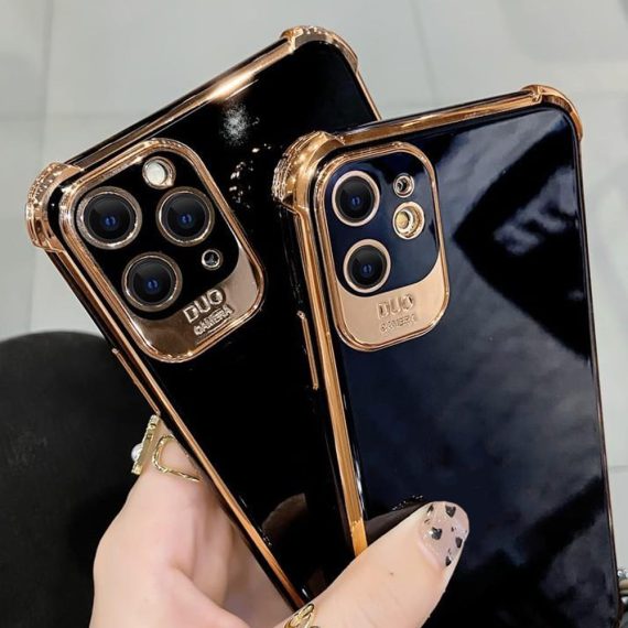 Etui do iPhone 13 Pro Max Duo Camera Protect Anti-Shock czarny połysk, złota ramka