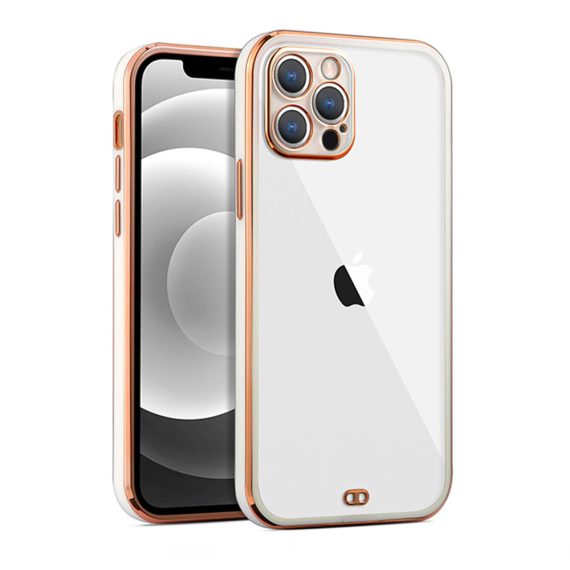 Etui do iPhone 12 Pro Max Fashion Gold przeźroczysty tył, pozłacane elementy, osłona na aparat, biała ramka