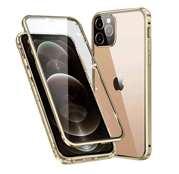 Obudowa do iPhone 13 Pro Max pancerna szyba i aluminium 360° przód + tył magnetyczna, z osłoną na aparat, złota