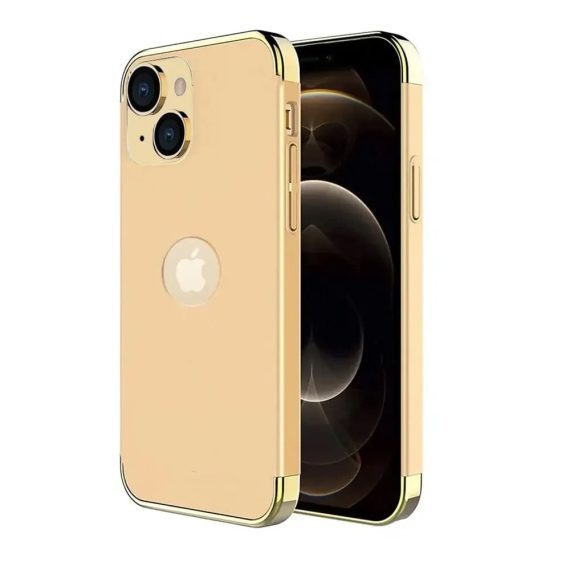 Etui do iPhone 13 eleganckie cienkie ze zdobieniami i widocznym logo, złote