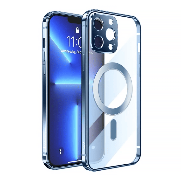etui do iphone 13 pro max ibizu elite skin ultra cienkie, krystalicznie czyste z metalową ramką, górski błękit z magsafe