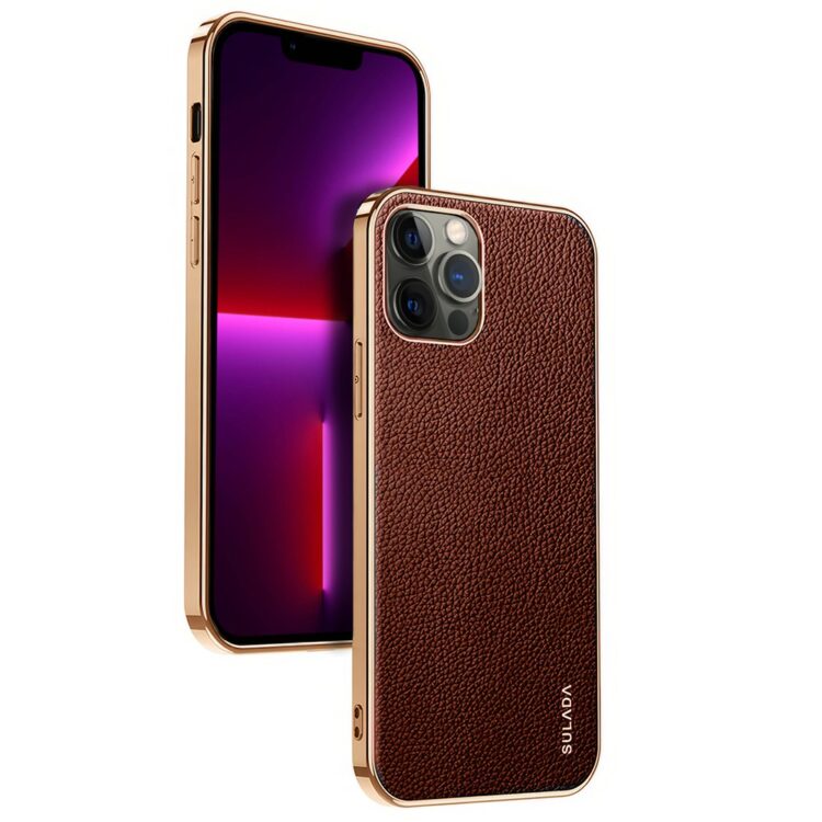 Smartfon w brązowym etui, złote detale.