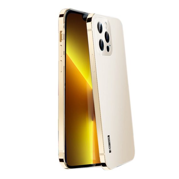 Etui do iPhone 13 Pro Luxury Skin Protect cienkie, metalowa złota ramka, platynowy tył