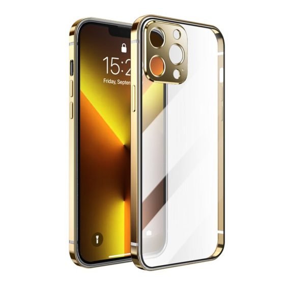 Etui do iPhone 14 Pro Elite Skin ultra cienkie, krystalicznie czyste z metalową ramką, złote