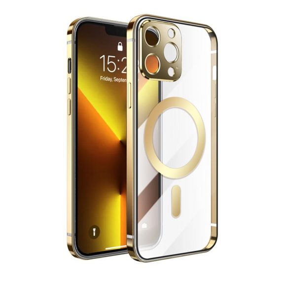 Etui do iPhone 14 Pro Max Elite Skin ultra cienkie, krystalicznie czyste z metalową ramką, złote z MagSafe