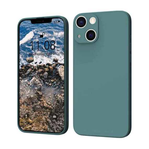 Etui do iPhone 13 silikonowe z mikrofibrą soft touch z osłoną na aparat, zielono szare