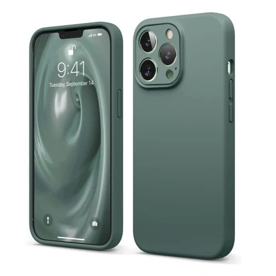Etui do iPhone 13 Pro silikonowe z mikrofibrą premium soft touch butelkowy zielony z osłoną na aparat