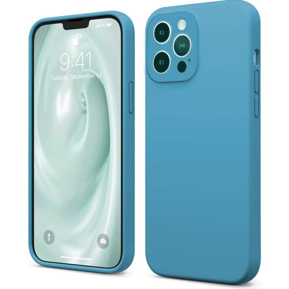 Etui do iPhone 13 Pro Max silikonowe z mikrofibrą soft touch z osłoną na aparat, niebieskie
