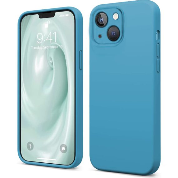 Etui do iPhone 14 silikonowe z mikrofibrą premium soft touch, bez osłony na aparat, niebieskie