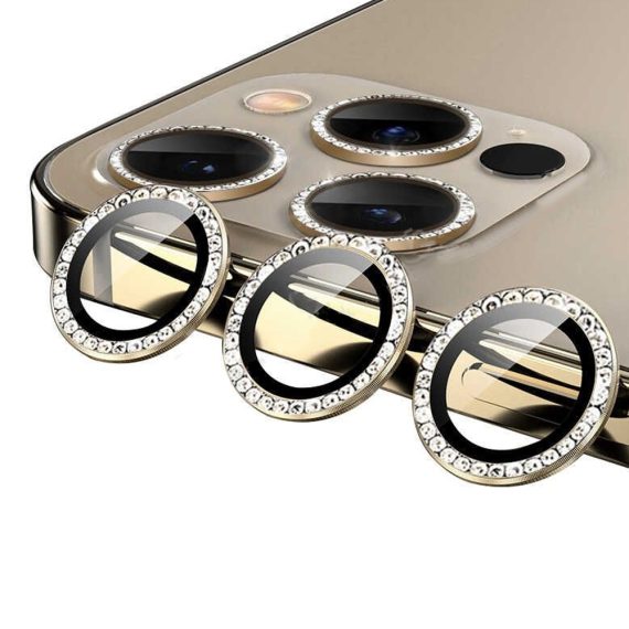 Luksusowa diamentowa osłona obiektywów, szkło na aparat iPhone 13 złote