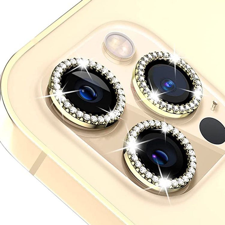 Luksusowa diamentowa osłona obiektywów, szkło na aparat iPhone 13 Pro złote