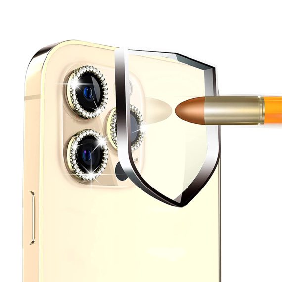 Luksusowa diamentowa osłona obiektywów, szkło na aparat iPhone 13 mini złote