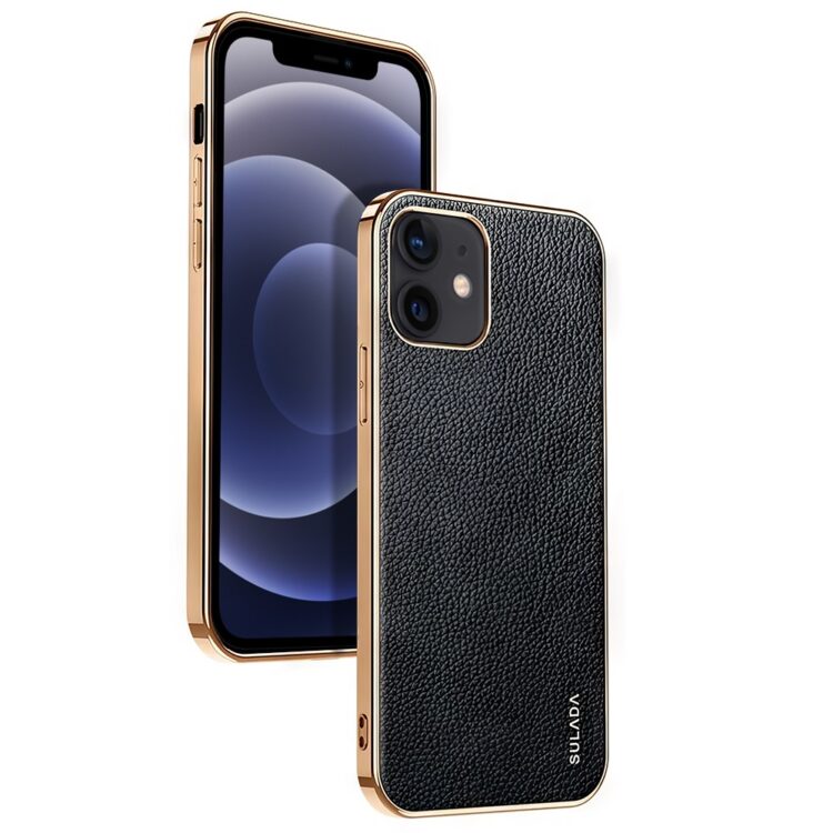 iPhone z czarnym etui skórzanym i złotą obudową.