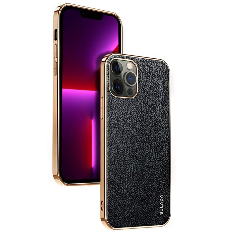 iPhone w czarnym etui skóropodobnym.