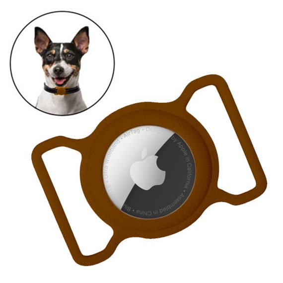 Silikonowe brązowe etui na AirTag + czarny pasek na obrożę dla psa