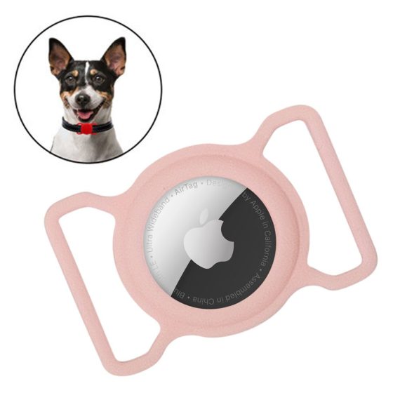 Silikonowe różowe etui na AirTag + czarny pasek na obrożę dla psa