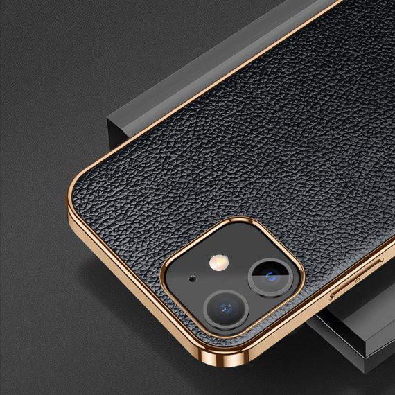 Etui do iPhone 12 eleganckie luksusowe skórzane brązowe ze złotem SULADA oryginal