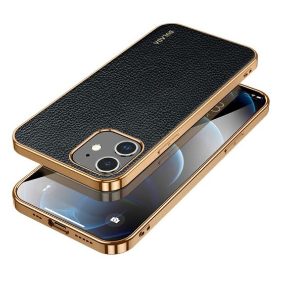 Etui do iPhone 12 eleganckie luksusowe skórzane brązowe ze złotem SULADA oryginal