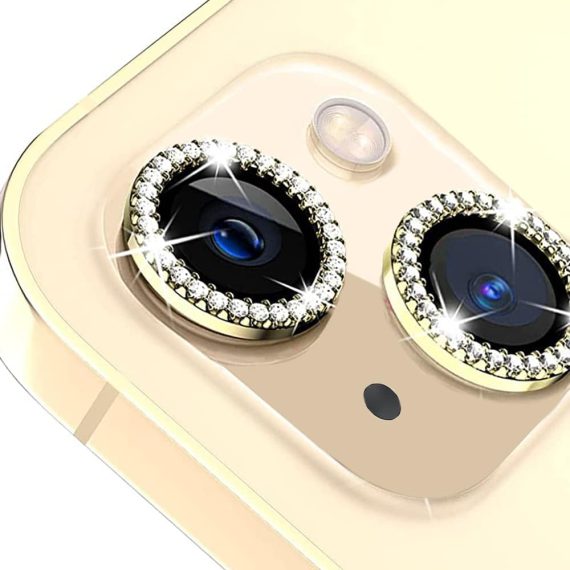 Luksusowa diamentowa osłona obiektywów, szkło na aparat iPhone 13 złote