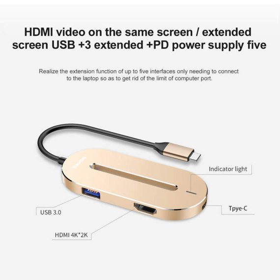 Adapter, przejściówka USB Typ C - 3xUSB + HDMI 4K + TYP C, złoty