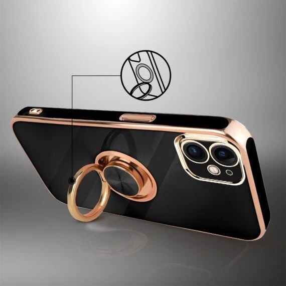 Etui do iPhone 11 eleganckie, ze złotym, metalowym uchwytem i zdobieniami, osłona na aparat, czarne, nowe (10)