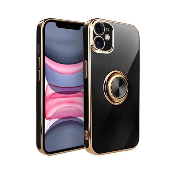 Etui do iPhone 11 eleganckie, ze złotym, metalowym uchwytem i zdobieniami, osłona na aparat, czarne, nowe (7)
