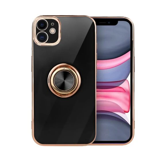 Etui do iPhone 11 eleganckie, ze złotym, metalowym uchwytem i zdobieniami, osłona na aparat, czarne, nowe (8)
