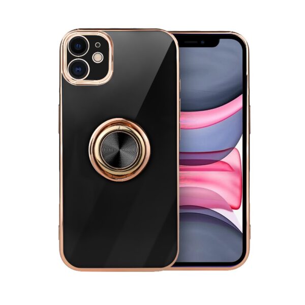 Etui do iPhone 11 eleganckie, ze złotym, metalowym uchwytem i zdobieniami, osłona na aparat, czarne