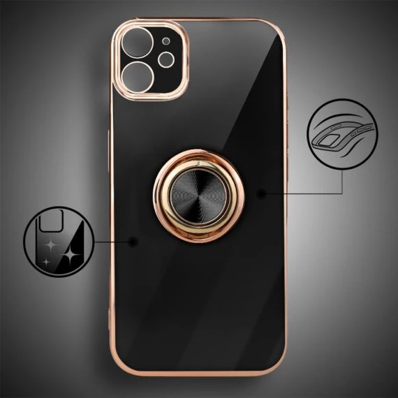 Etui do iPhone 11 eleganckie, ze złotym, metalowym uchwytem i zdobieniami, osłona na aparat, czarne, nowe (9)