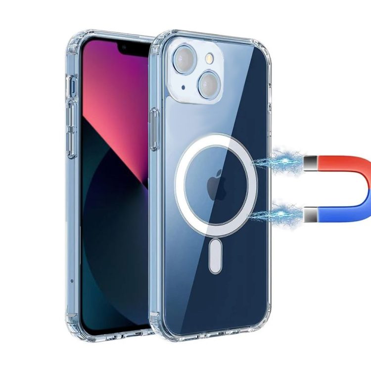 etui do iphone 13 cienkie, przeźroczyste, z osłoną na aparat, szklany tył z magsafe