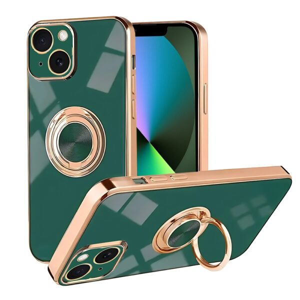 Etui do iPhone 13 eleganckie, ze złotym, metalowym uchwytem i zdobieniami, osłona na aparat, zielone