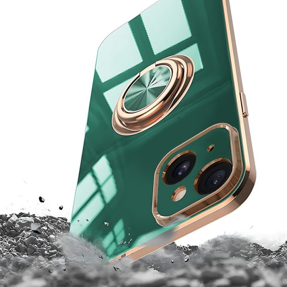 Etui do iPhone 13 eleganckie, ze złotym, metalowym uchwytem i zdobieniami, osłona na aparat, zieloneObszar kompozycji 16