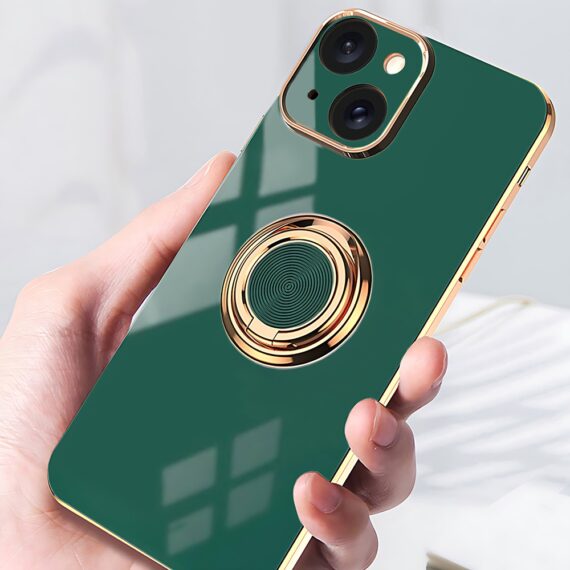 Etui do iPhone 13 eleganckie, ze złotym, metalowym uchwytem i zdobieniami, osłona na aparat, zieloneObszar kompozycji 17