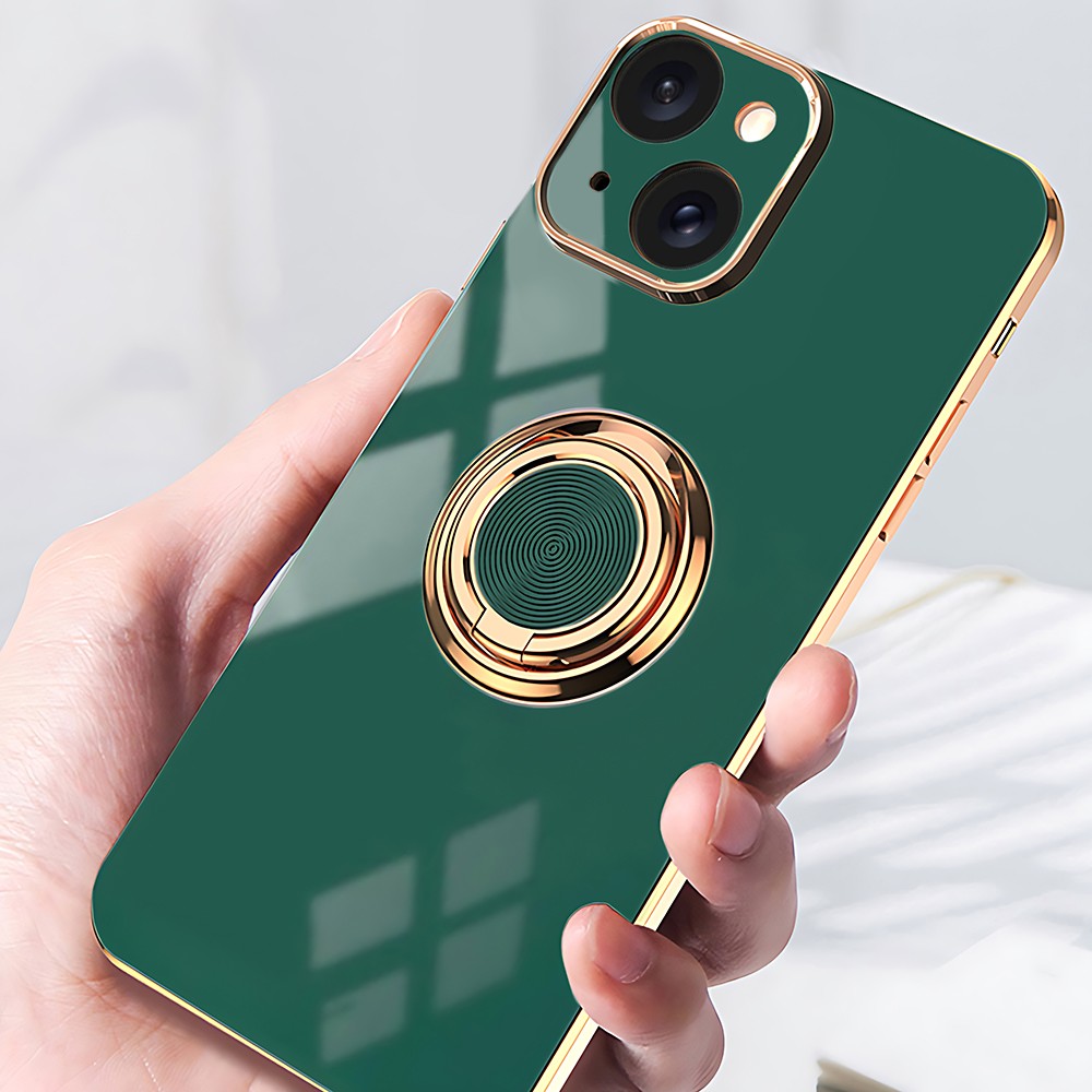 Etui do iPhone 13 eleganckie, ze złotym, metalowym uchwytem i zdobieniami, osłona na aparat, zieloneObszar kompozycji 17