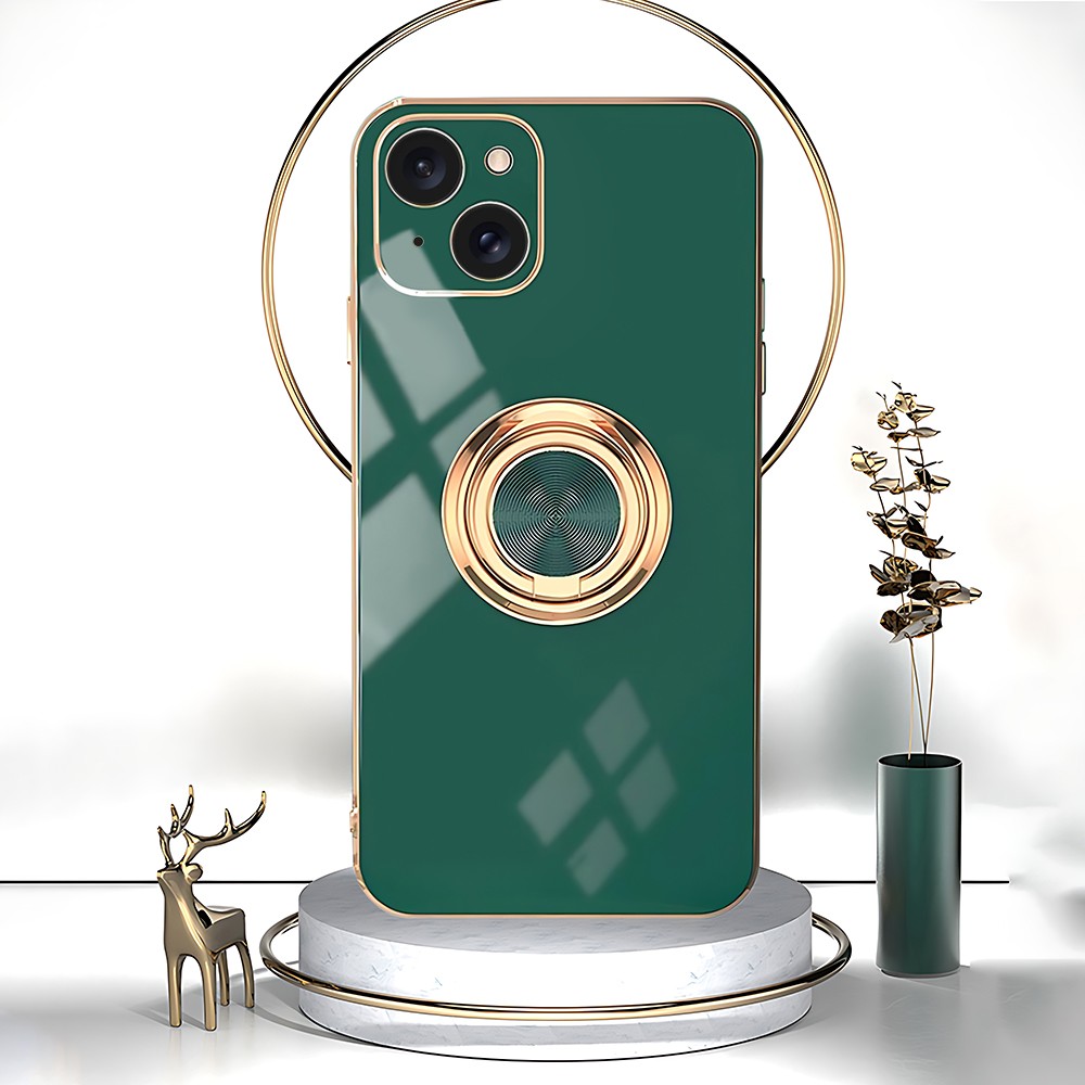 Etui do iPhone 13 eleganckie, ze złotym, metalowym uchwytem i zdobieniami, osłona na aparat, zieloneObszar kompozycji 18