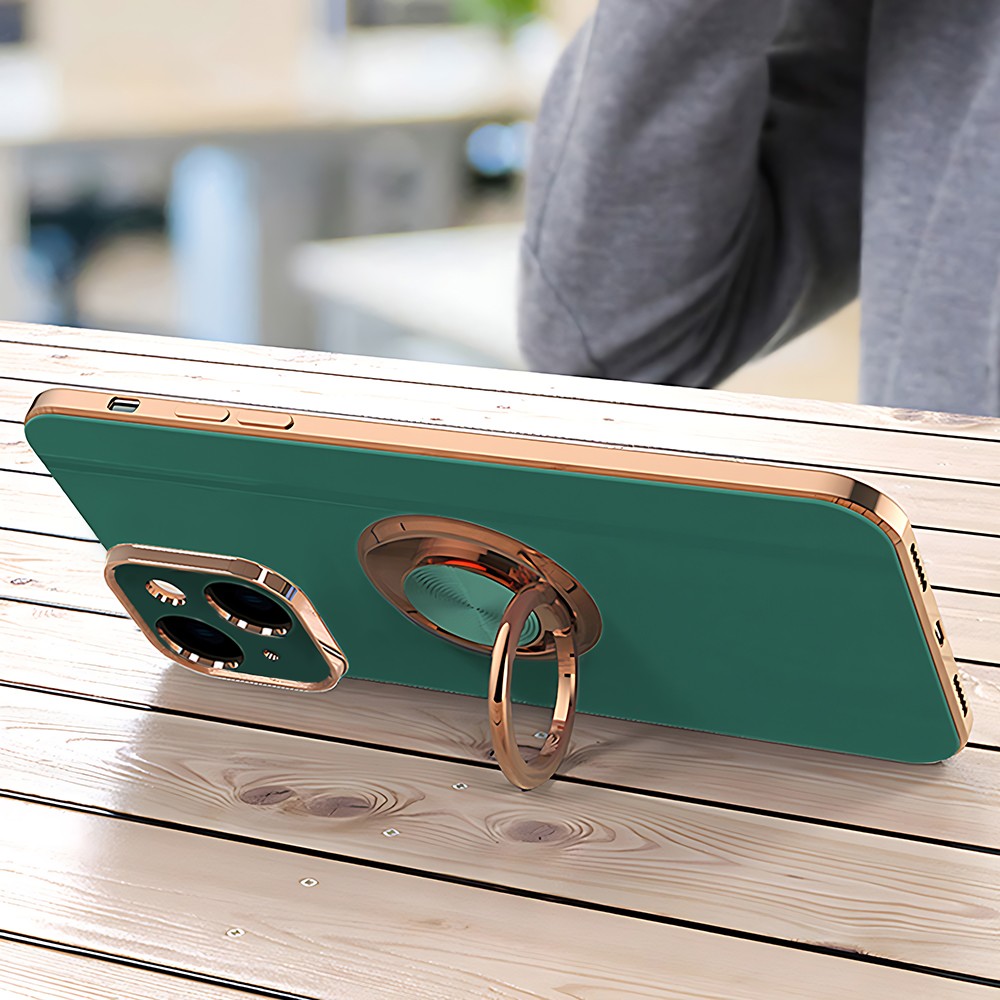 Etui do iPhone 13 eleganckie, ze złotym, metalowym uchwytem i zdobieniami, osłona na aparat, zieloneObszar kompozycji 20