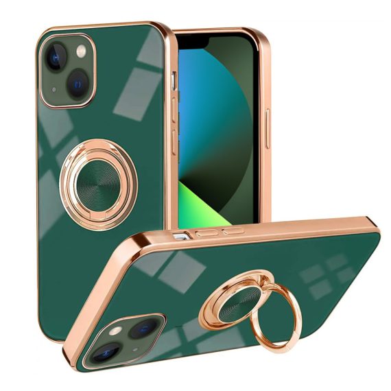 Etui do iPhone 13 Mini eleganckie, ze złotym, metalowym uchwytem i zdobieniami, z osłoną na aparat, zielone deep green