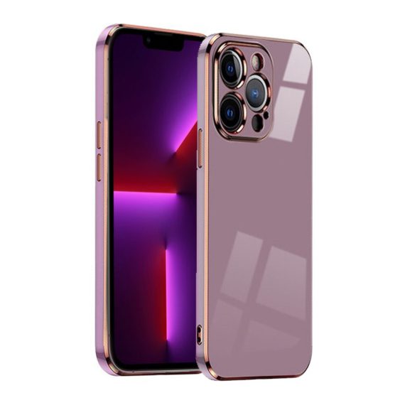 Etui do iPhone 13 Pro luksusowe błyszczące ze złotą ramką i osłona na aparat, purpurowe