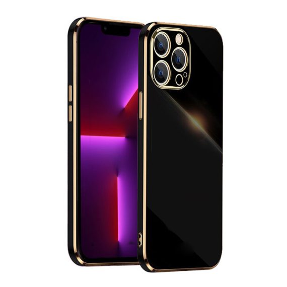 Etui do iPhone 13 Pro luksusowe błyszczące ze złotą ramką i osłona na aparat, czarne
