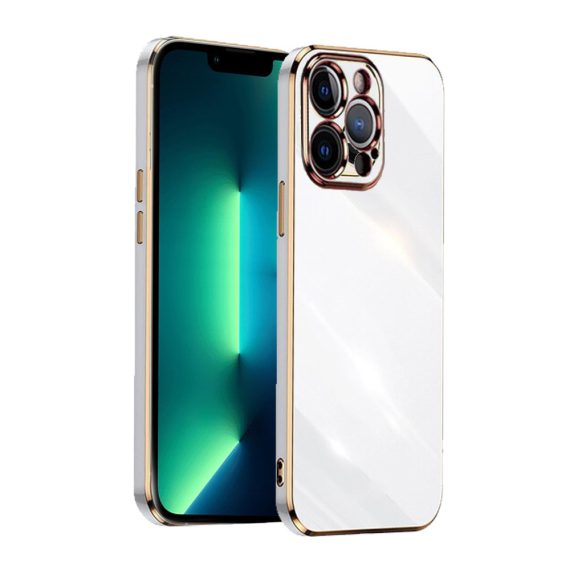 Etui do iPhone 13 Pro luksusowe błyszczące ze złotą ramką i osłona na aparat, biały
