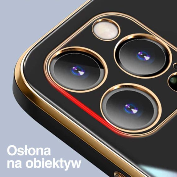 etui do iphone 13 pro luksusowe błyszczące ze złotą ramką i osłona na aparat, czarne