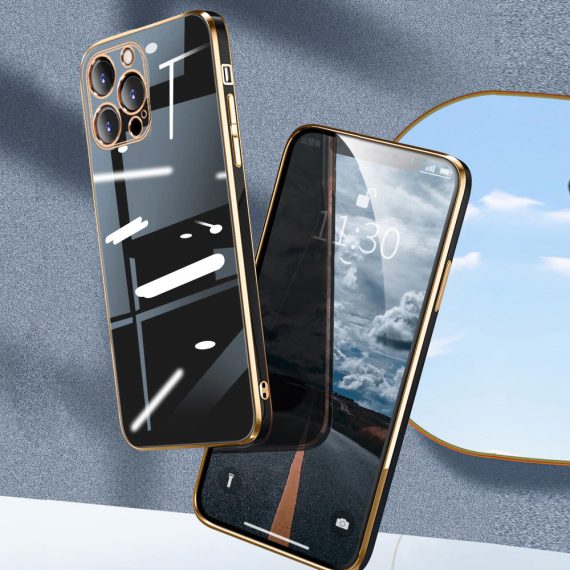 etui do iphone 13 pro luksusowe błyszczące ze złotą ramką i osłona na aparat, czarne